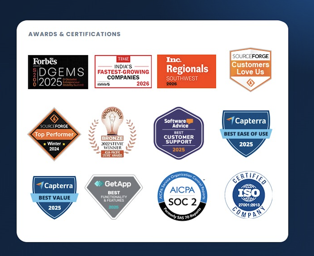 DreamzCMMS awards and certifications, including Forbes, TIME, Inc., Capterra, AICPA SOC 2, and ISO 27001:2013
